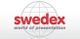 Logo von Swedex mit rotem Schriftzug und Weltkarte im Hintergrund. Text: "World of Presentation".