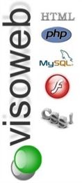Text: "visoweb", HTML, PHP, MySQL, Flash, CSS; grüne Kugel unten.