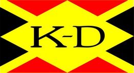 Gelbe, rote und schwarze geometrische Formen mit der Aufschrift "K-D" in der Mitte.