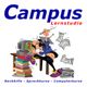 Comicfigur mit Büchern und Computer im Campus Lernstudio. Text: Nachhilfe, Sprachkurse, Computerkurse.