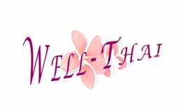 Text: "Well-Thai" in lila auf weißem Hintergrund mit rosa Blume im Hintergrund.