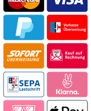 Zahlungsmethoden: MasterCard, VISA, PayPal, Vorkasse, SOFORT, SEPA, Klarna, Apple Pay.