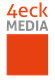Logo mit Text "4eck MEDIA" auf schwarzem und grauem Hintergrund, darunter rotes Quadrat.