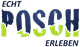 Textlogo mit "ECHT POSCH ERLEBEN" in blauen und grünen Farben.