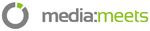 Logo mit grauem Kreis und grünem Pfeil. Text: "media:meets" in Grau und Grün.