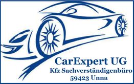Strichzeichnung eines Autos mit Text: "CarExpert UG, Kfz Sachverständigenbüro, 59423 Unna".