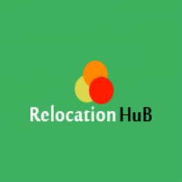 Logo with three overlapping circles above "Relocation HuB" on a green background.