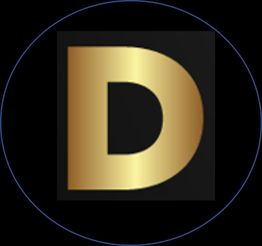 Lettre D dorée sur fond noir, cerclée de bleu.