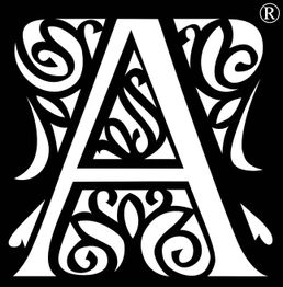 Decorative letter "A" with intricate floral patterns on a black background.