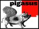 Schwarz-weißer geflügelter Schwein mit Flügeln, darüber der Schriftzug "pigasus" auf rotem Hintergrund.