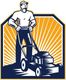 Man mowing lawn with sunburst in background, stylized graphic design.
