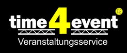 Schwarz-weißes Logo mit gelber Zahl: "time4event" und Text "Veranstaltungsservice".