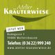 Grafik mit Atelier Kräuterwiese-Logo, Adresse und Kontaktdaten auf grünem Hintergrund.