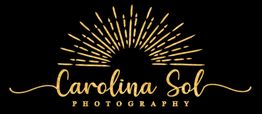Carolina Sol Photography logo with a rising sun design in gold on a black background.