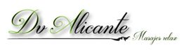 Logo con texto "Dv Alicante, Masajes relax" en elegante letra cursiva y detalles en verde y negro.