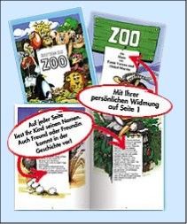 Kinderbuch mit Zoo-Thema, personalisierbar mit Namen und Widmung auf Seite 1, farbenfrohe Illustrationen.