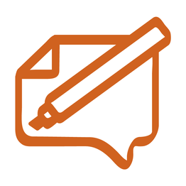 Ein orangefarbenes Symbol: Marker und Papier in einer Sprechblase.