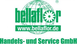 Logo von Bellaflor, Handels- und Service GmbH, mit Website www.bellaflor.de vor einem Globus.