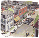 Kleinstadt-Straßenszene mit Geschäften, Autos, Fußgängern und einem Fahrradfahrer an einem sonnigen Tag.