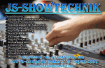 Ein Hand justiert Regler auf einem Mischpult, umgeben von Text: "JS-Showtechnik".