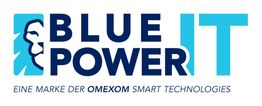 Logo mit Text "Blue Power IT", darunter "Eine Marke der Omexom Smart Technologies".