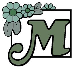 Großer Buchstabe "M" mit grünen Blumenverzierungen an der oberen linken Ecke.