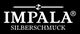 Logo von Impala Silberschmuck, weißer Text auf schwarzem Hintergrund, mit Diamantgrafik.