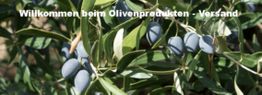 Oliven am Baum mit Text: "Willkommen beim Olivenprodukten - Versand".