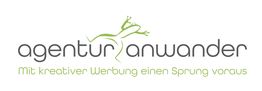 Logo der Agentur Anwander mit grünem Frosch. Text: "Mit kreativer Werbung einen Sprung voraus".