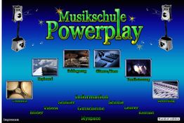 Startseite der Musikschule Powerplay mit Links zu Kursen, Infos, Lehrern und MySpace.
