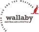 Logo mit rotem Känguru, Text: "Wallaby Australian Lifestyle, Between You and the Weather".
