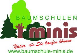 Logo der Baumschule Minis mit Bäumen und Website: www.baumschule-minis.de.