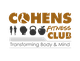 Logotipo de Cohen's Fitness Club con la frase "Transforming Body & Mind" y varios iconos de fitness.