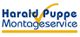 Logo mit Text "Harald Puppe Montageservice", blauer Text mit gelbem Haken und Linie.