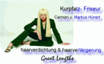 Frau mit langem, blondem Haar in schwarzem Anzug. Text oben: Kurpfalz Friseur, Carmen u. Markus Hurter.
