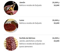 Menú de embutidos: jamón, lomo, surtido ibérico; precios regulares y con descuento.