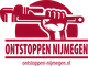 Logo met hand die een pijpsleutel vasthoudt. Tekst: "Ontstoppen Nijmegen, ontstoppen-nijmegen.nl".