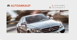 Silberner Mercedes-Benz auf der Straße, mit Text "Autoankauf" und Kontaktdaten oben links.