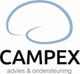 Logo van Campex met tekst "advies & ondersteuning" en abstracte blauwe cirkelvorm.