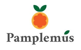 Logotipo de Pamplemús con una ilustración de fruta y hojas verdes.