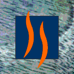 Blaues Quadrat mit zwei orangefarbenen, geschwungenen Linien vor strukturiertem Hintergrund.