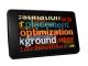 Tablet displaying colorful overlapping text, including "optimization" and "placement."
