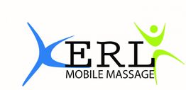 Logo mit Schriftzug "ERL Mobile Massage" und Silhouetten in Blau und Grün auf weißem Hintergrund.