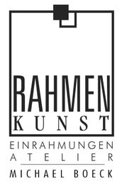 Logo mit Text: "Rahmen Kunst, Einrahmungen Atelier, Michael Boeck".