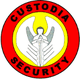 Logo mit Engel und Schwert, Schriftzug "Custodia Security" auf rotem und gelbem Hintergrund.