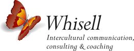Schmetterling neben dem Schriftzug "Whisell" und dem Text "Intercultural communication, consulting & coaching".