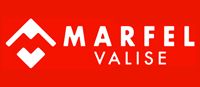 Logotipo de Marfel Valise sobre fondo rojo con símbolo blanco al lado del texto.