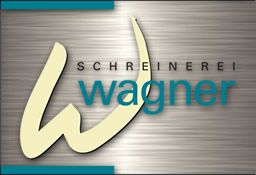 Logo mit Schriftzug "Schreinerei Wagner" auf metallischem Hintergrund.