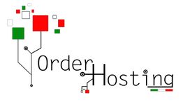 Logo "Order Hosting" con quadrati rossi e verdi e circuito elettronico.