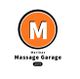 Logo mit großem "M" in orange Kreis, Text: "Marinas Massage Garage, 2019".